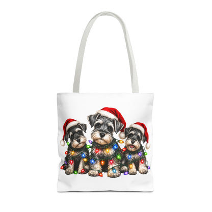Christmas Schnauzer Tote Bag — Cute Puppies in Santa Hats & Holiday Lights