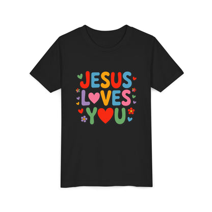Youth Tee - "Jesus Loves You" Colorful Heart & Flower Christian Shirt