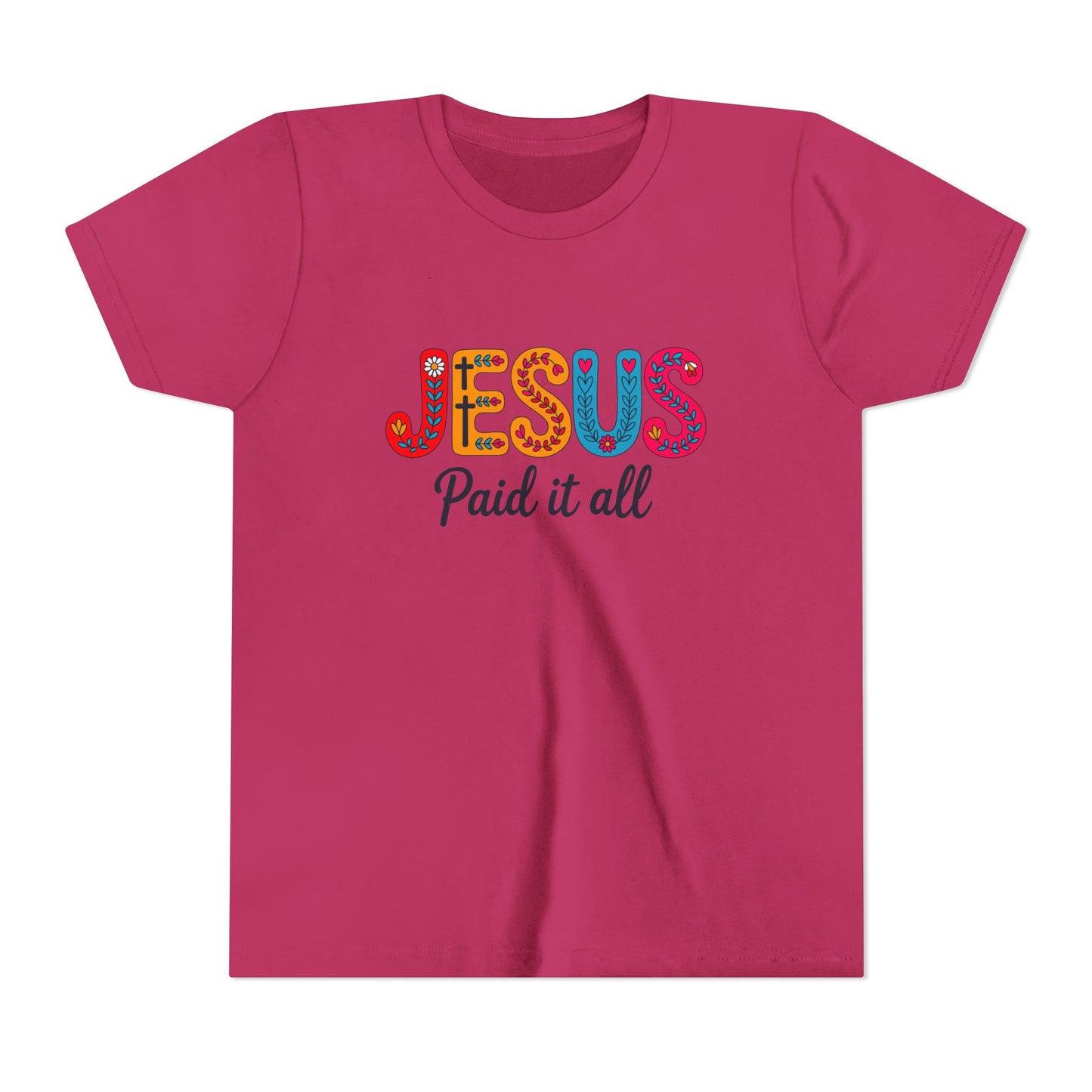 Youth Tee — "Jesus Paid It All" Colorful Faith Graphic