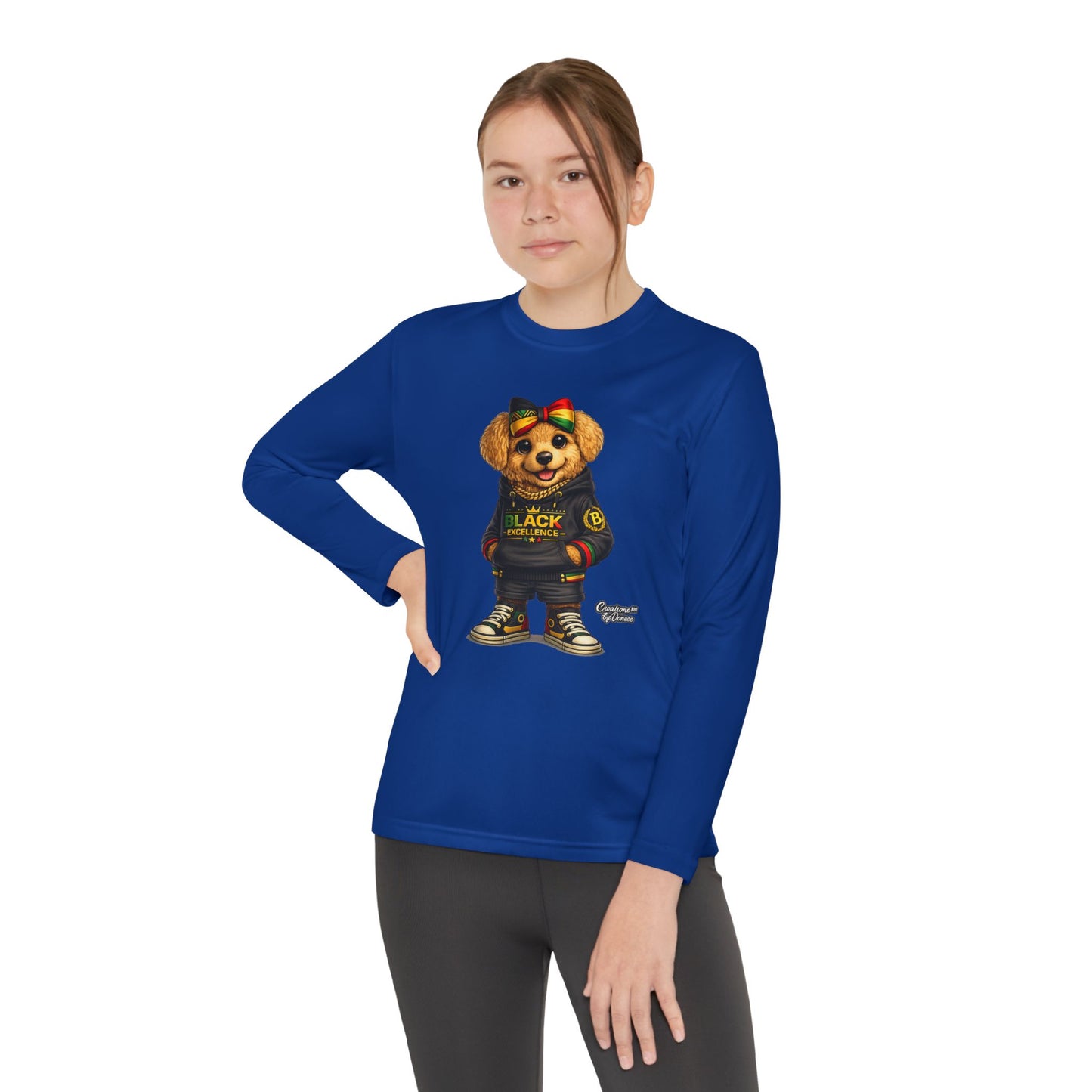 Youth Long Sleeve Tee — Trendy Bear Graphic "Black Excellence"