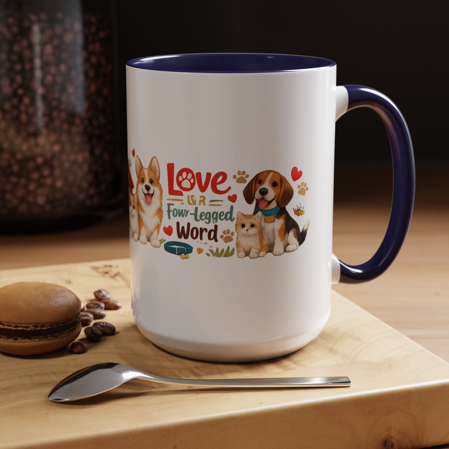 Dog Lover Accent Coffee Mug — “Love is a Four-Legged Word” Ceramic Gift