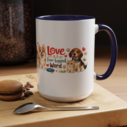 Dog Lover Accent Coffee Mug — “Love is a Four-Legged Word” Ceramic Gift