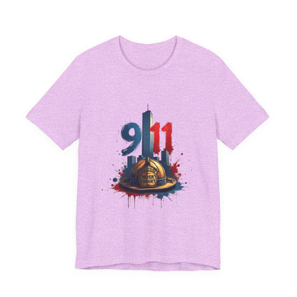 9/11 Firefighter Memorial Tee — Tribute T-Shirt with Helmet & Twin Towers Design