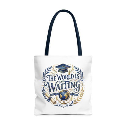 Graduation Tote Bag – "The World Is Waiting" Cap & Globe Design