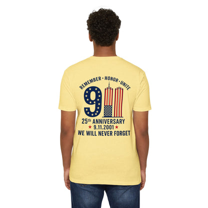 9/11 Memorial T-Shirt – "Remember Honor Unite" 25th Anniversary We Will Never Forget