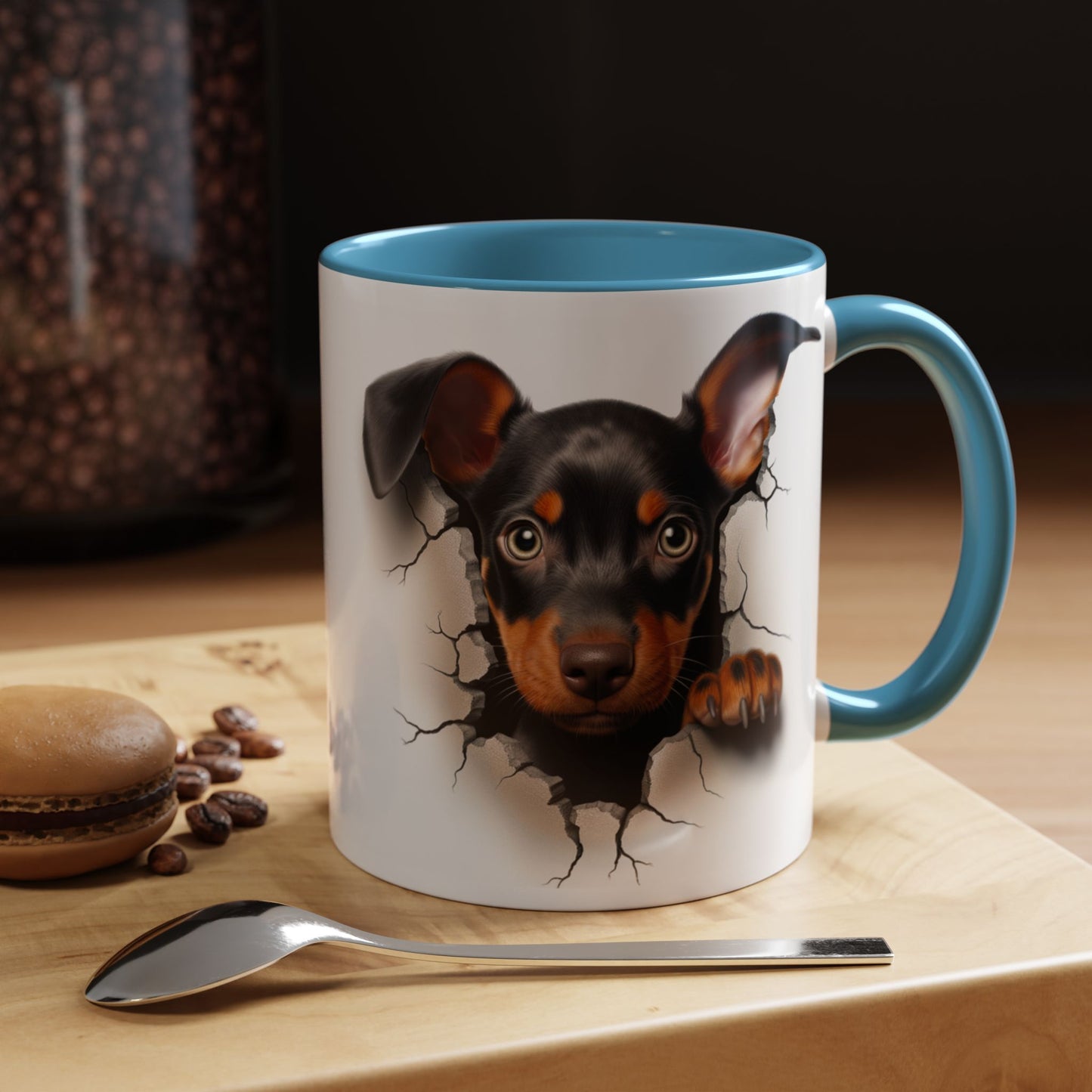 Dachshund Puppy Peek Coffee Mug – Accent Black Interior/Handle, Cute Dog Crack Design (11/15 oz)