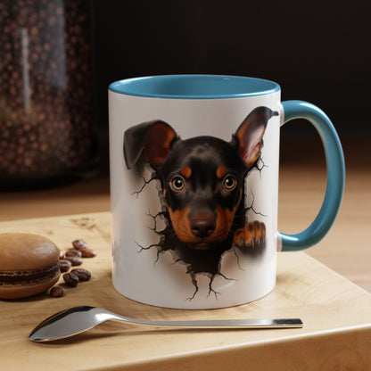Dachshund Puppy Peek Coffee Mug – Accent Black Interior/Handle, Cute Dog Crack Design (11/15 oz)