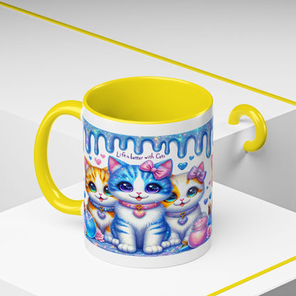 Cute Kawaii Cats Coffee Mug - "Life is Better with Cats" Accent Mug