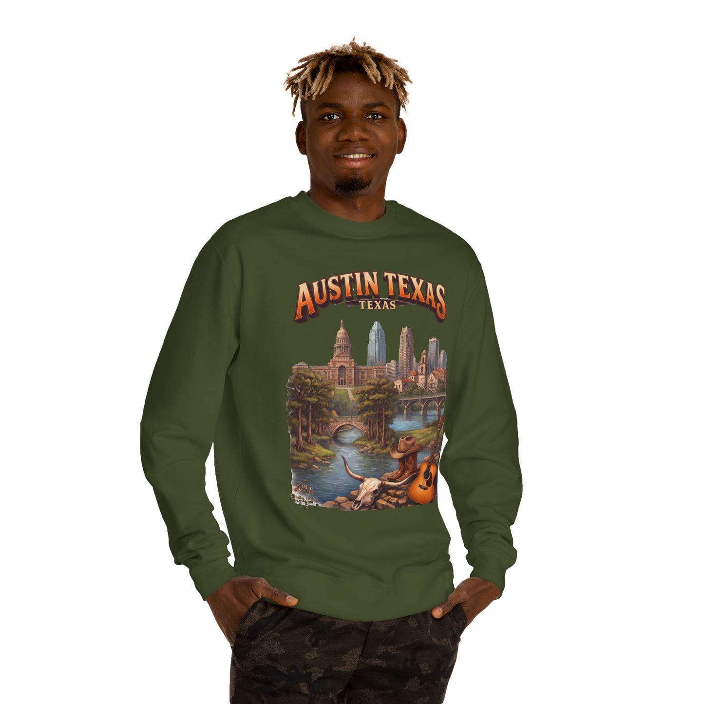 Austin Texas Sweatshirt — Vintage Cityscape & Guitar Crewneck