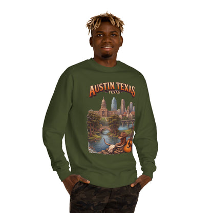 Austin Texas Sweatshirt — Vintage Cityscape & Guitar Crewneck