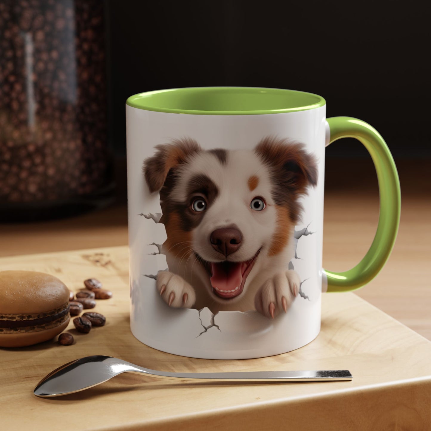 Australian Shepherd Peeking Coffee Mug — Cute Puppy Accent Mug (11/15oz)