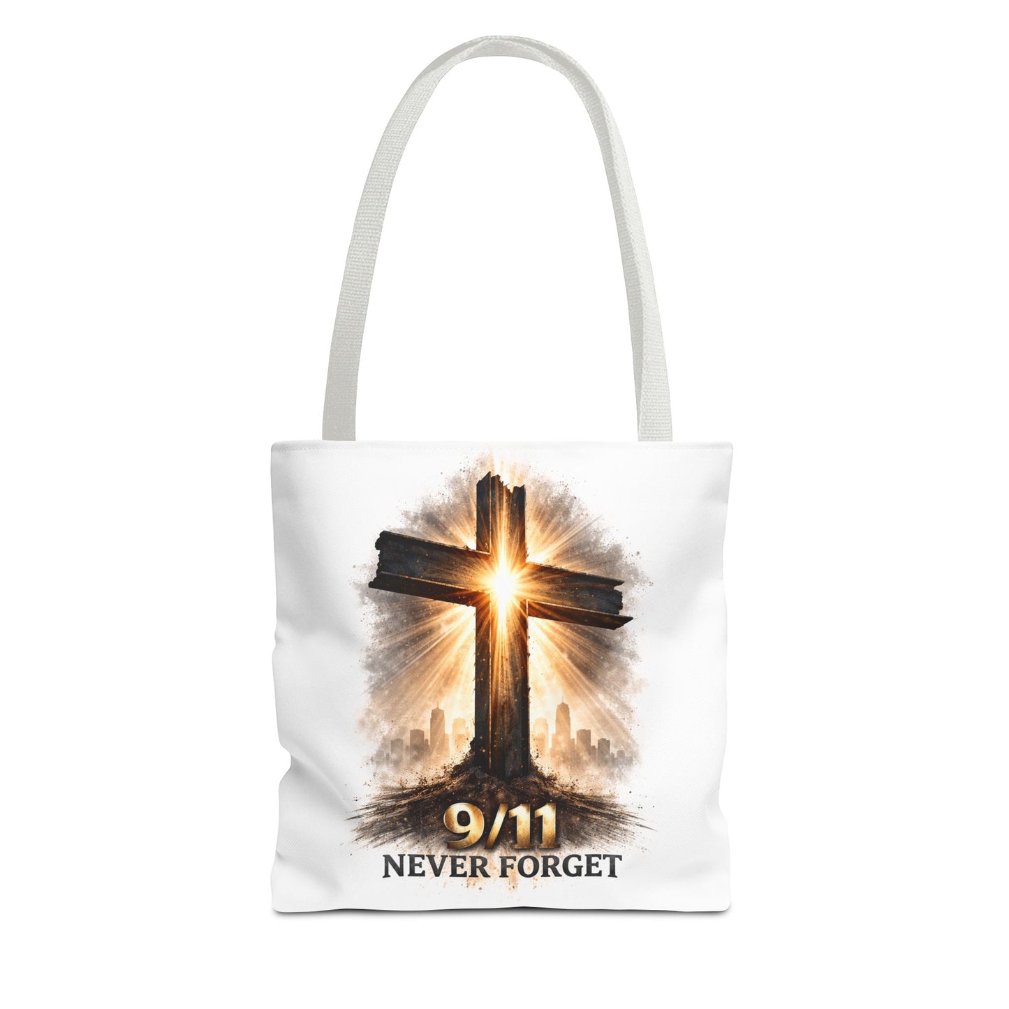 9/11 Never Forget Cross Memorial Tote Bag — Patriotic Remembrance Shopper