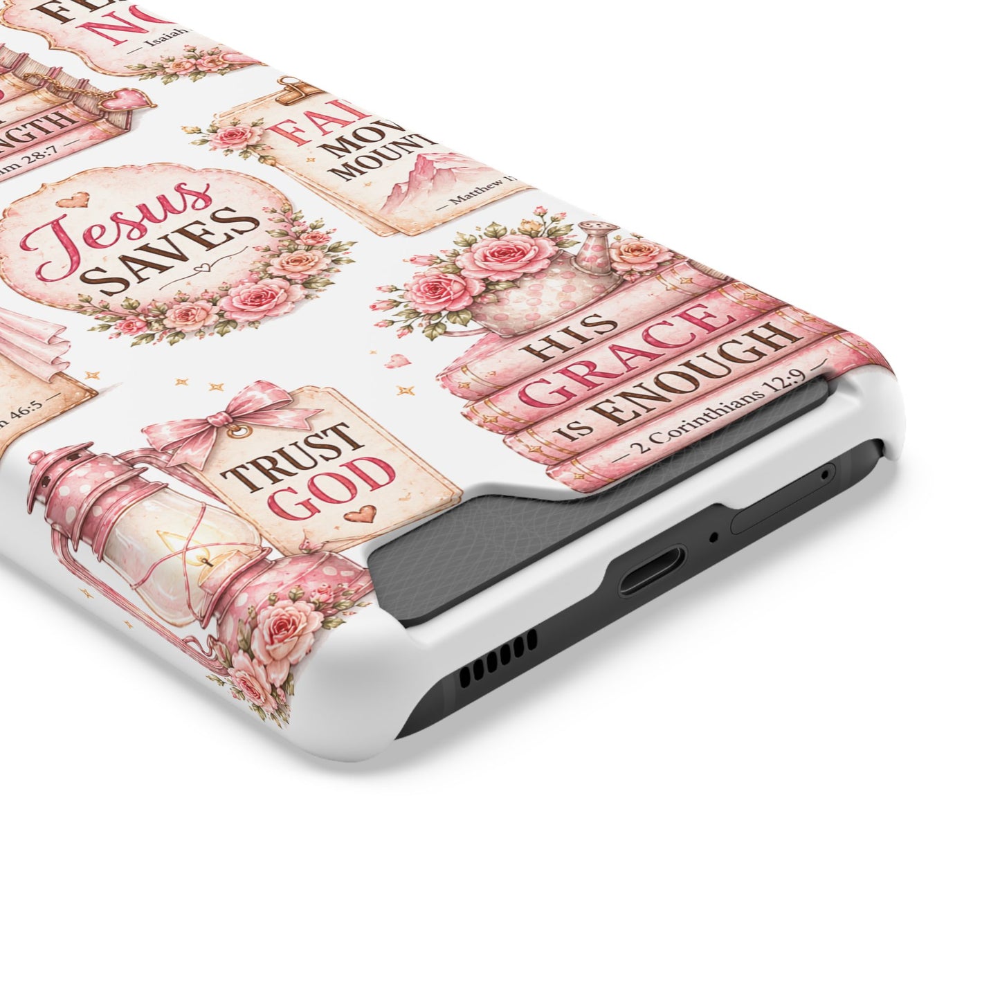 Christian Phone Case with Card Holder — 'Jesus Saves' Floral Scripture Design