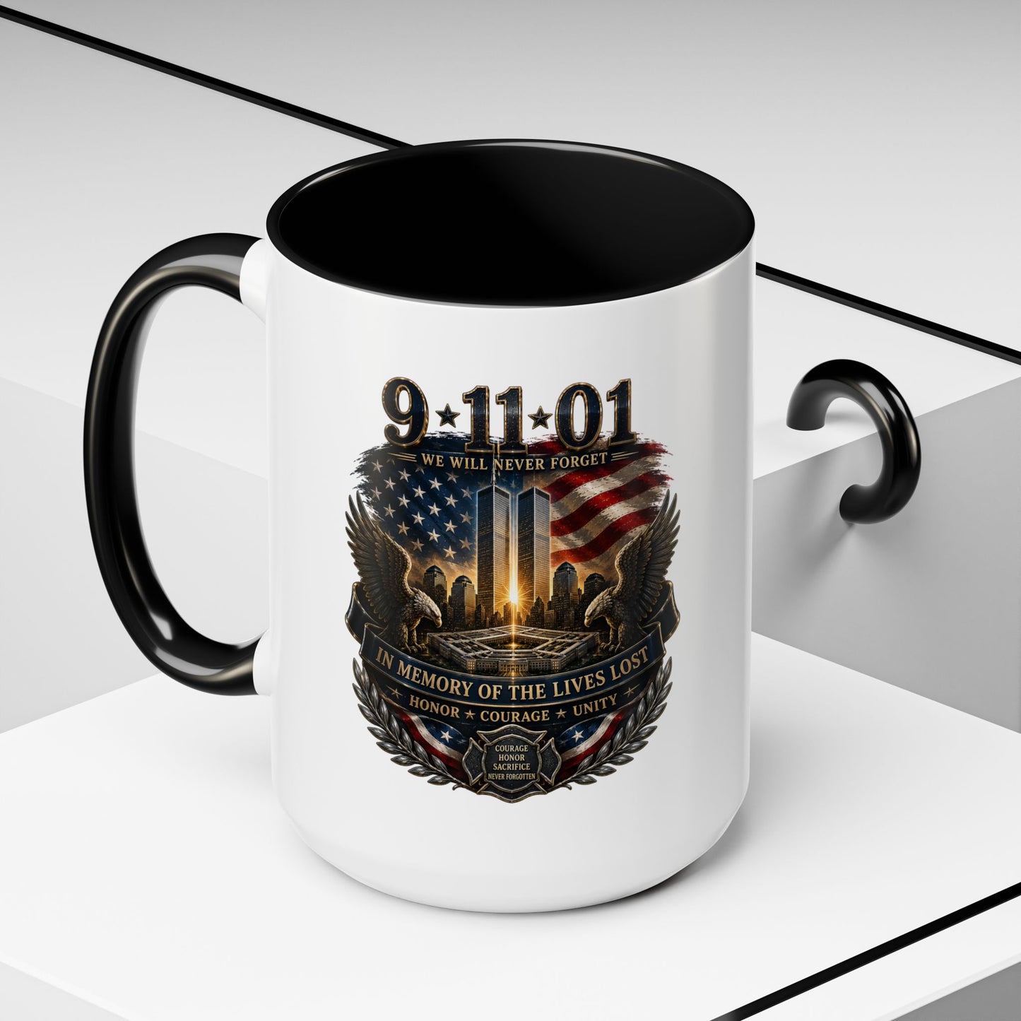 9·11 Memorial Coffee Mug — Never Forget Tribute Accent Mug (11/15oz)