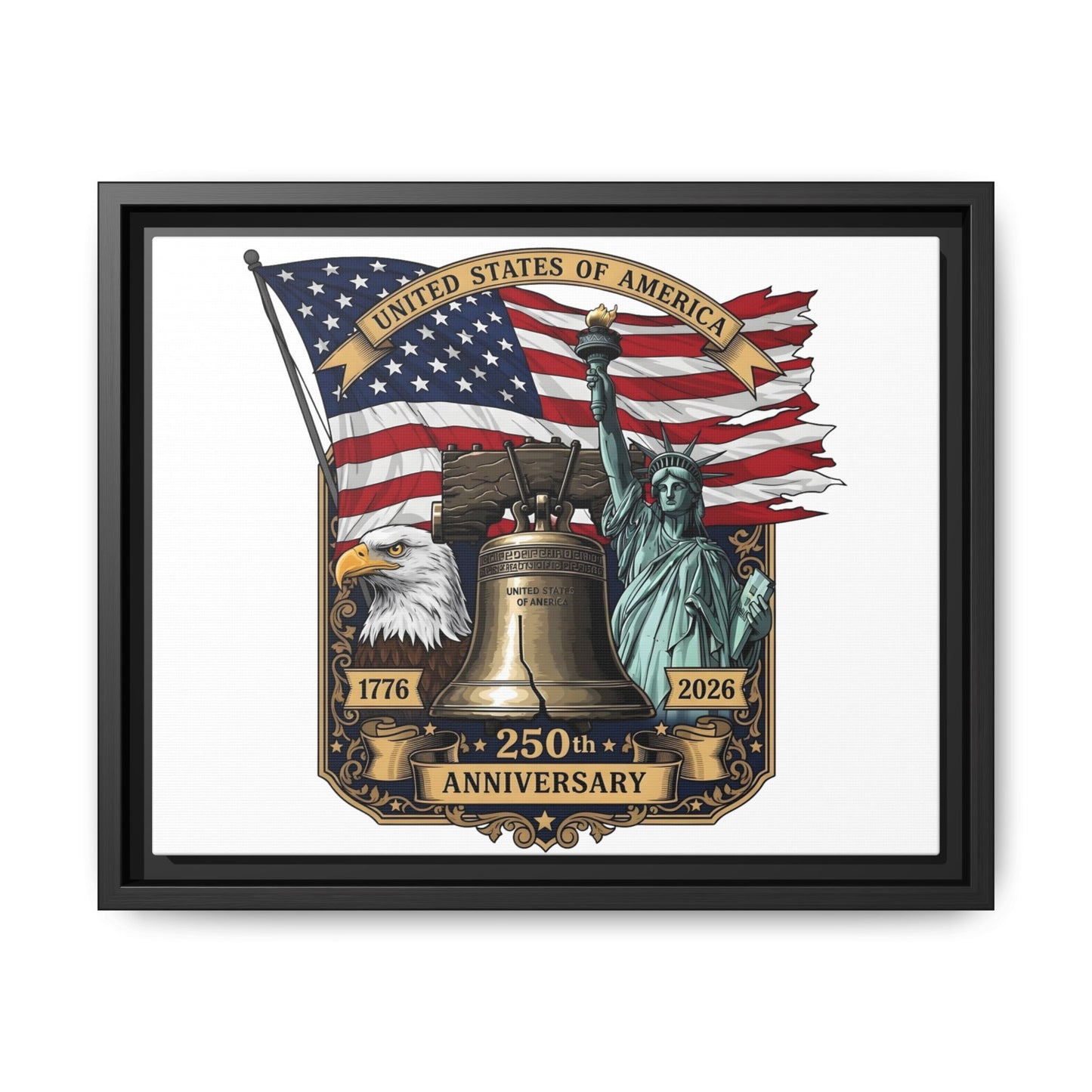 Liberty 250th Anniversary Framed Canvas Print — American Flag, Statue of Liberty & Liberty Bell Art
