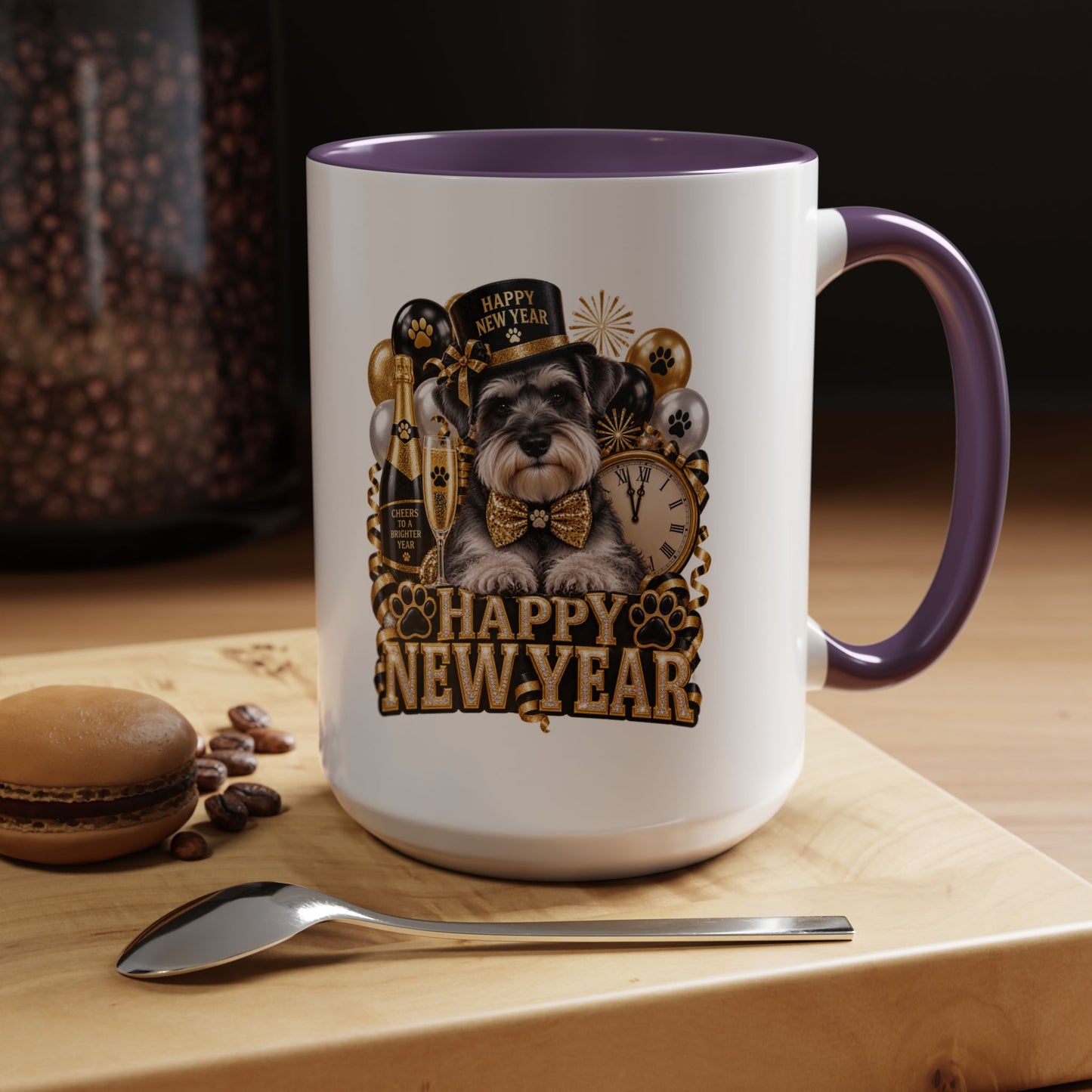 Happy New Year Dog Coffee Mug — Festive Black & Gold 11/15oz Accent Mug