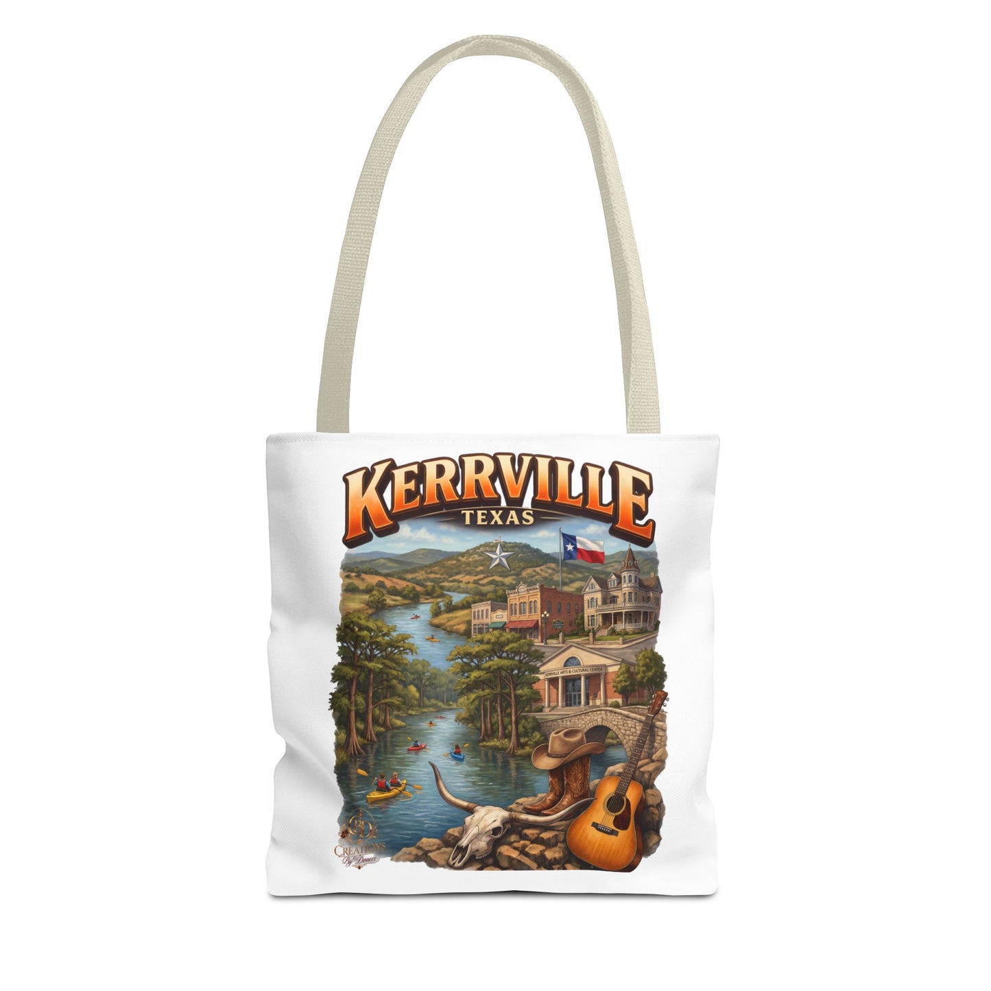 Kerrville Texas Scenic Tote Bag — River, Guitar & Hill Country Souvenir
