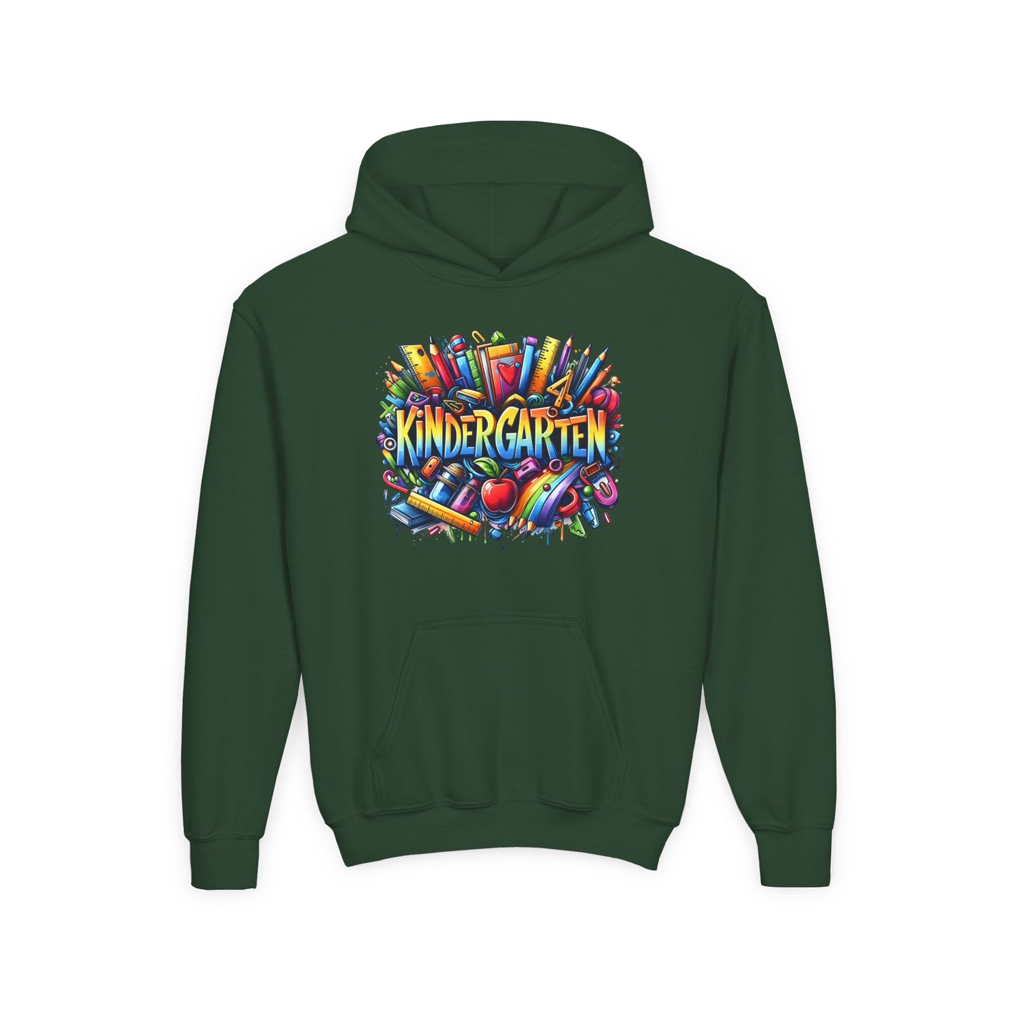 Kindergarten Kids Hoodie — Colorful School Supplies Back-to-School Sweatshirt
