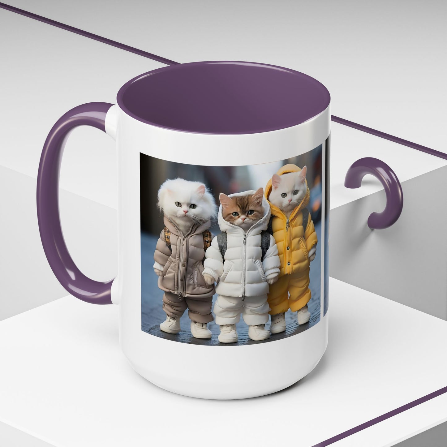 Cat Crew Accent Coffee Mug — Cute Kittens in Puffer Jackets (11/15oz)