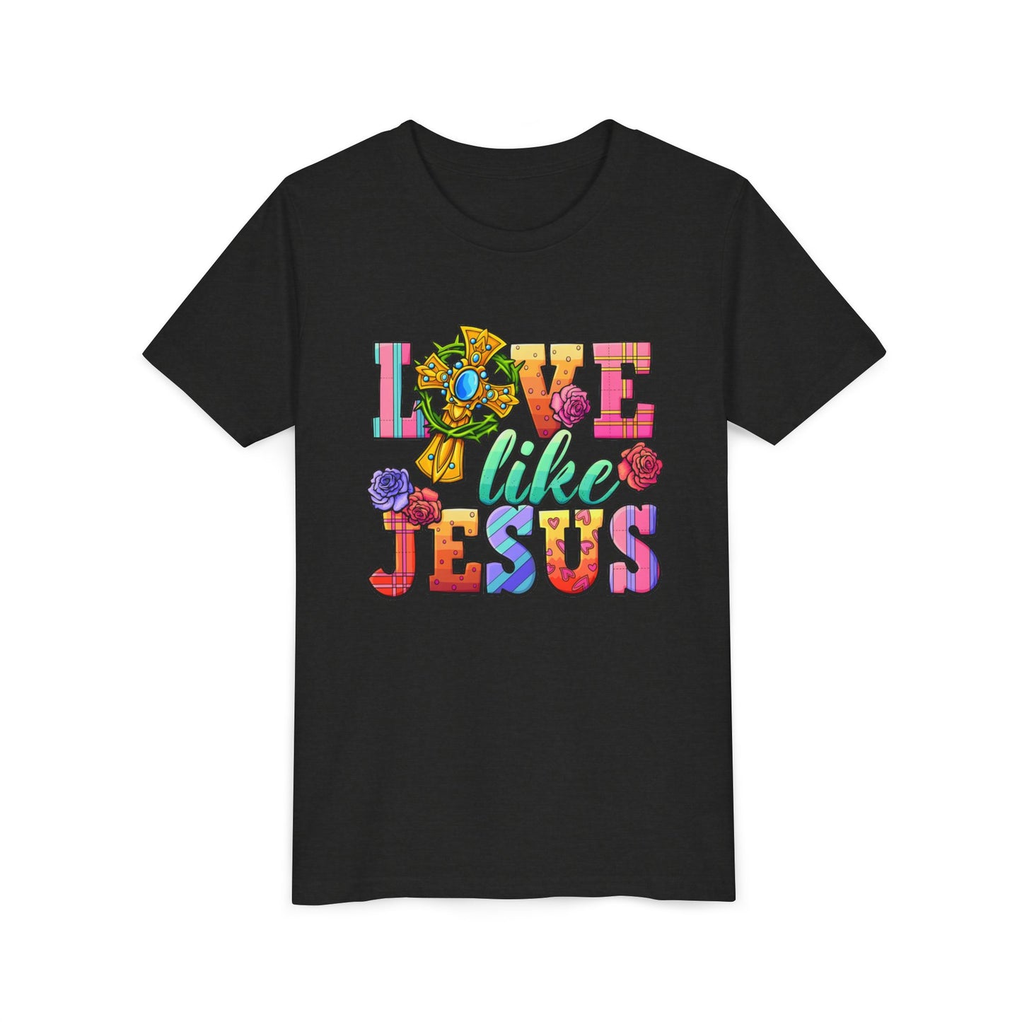 Youth Tee — "Love Like Jesus" Colorful Faith Graphic