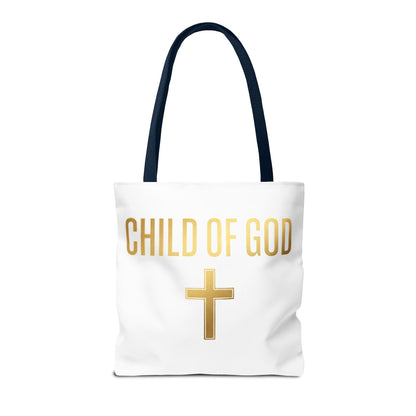 Child of God Tote Bag — Gold Cross Religious Canvas Tote
