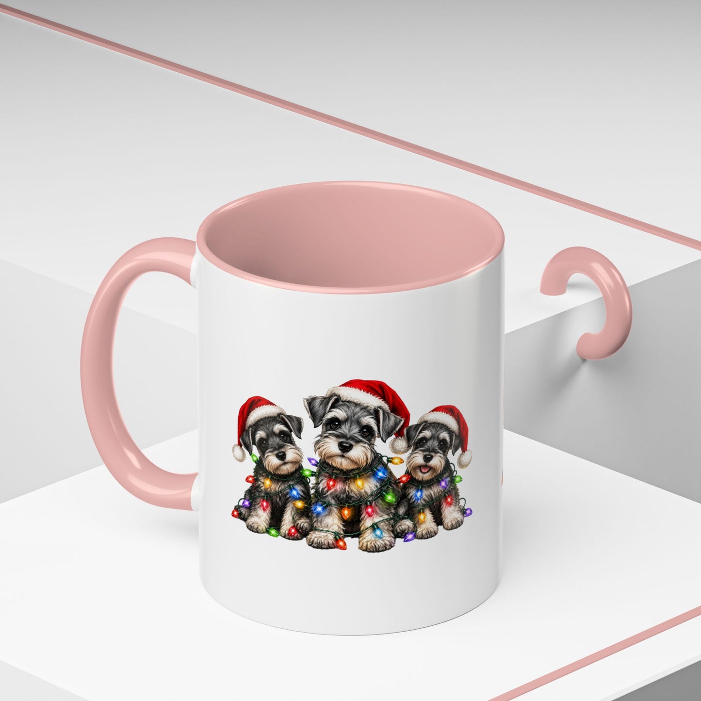 Christmas Puppy Coffee Mug — Cute Schnauzer Trio with Santa Hats & Holiday Lights (11/15oz)
