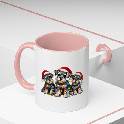 Christmas Puppy Coffee Mug — Cute Schnauzer Trio with Santa Hats & Holiday Lights (11/15oz)