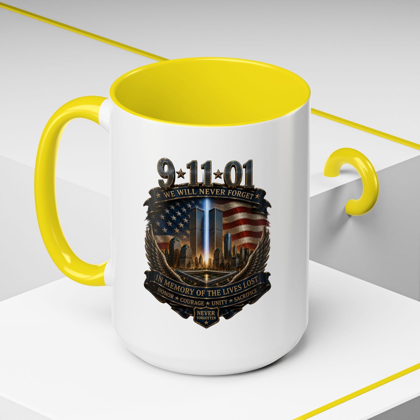 9/11 Memorial Coffee Mug — 'We Will Never Forget' Tribute Accent Mug
