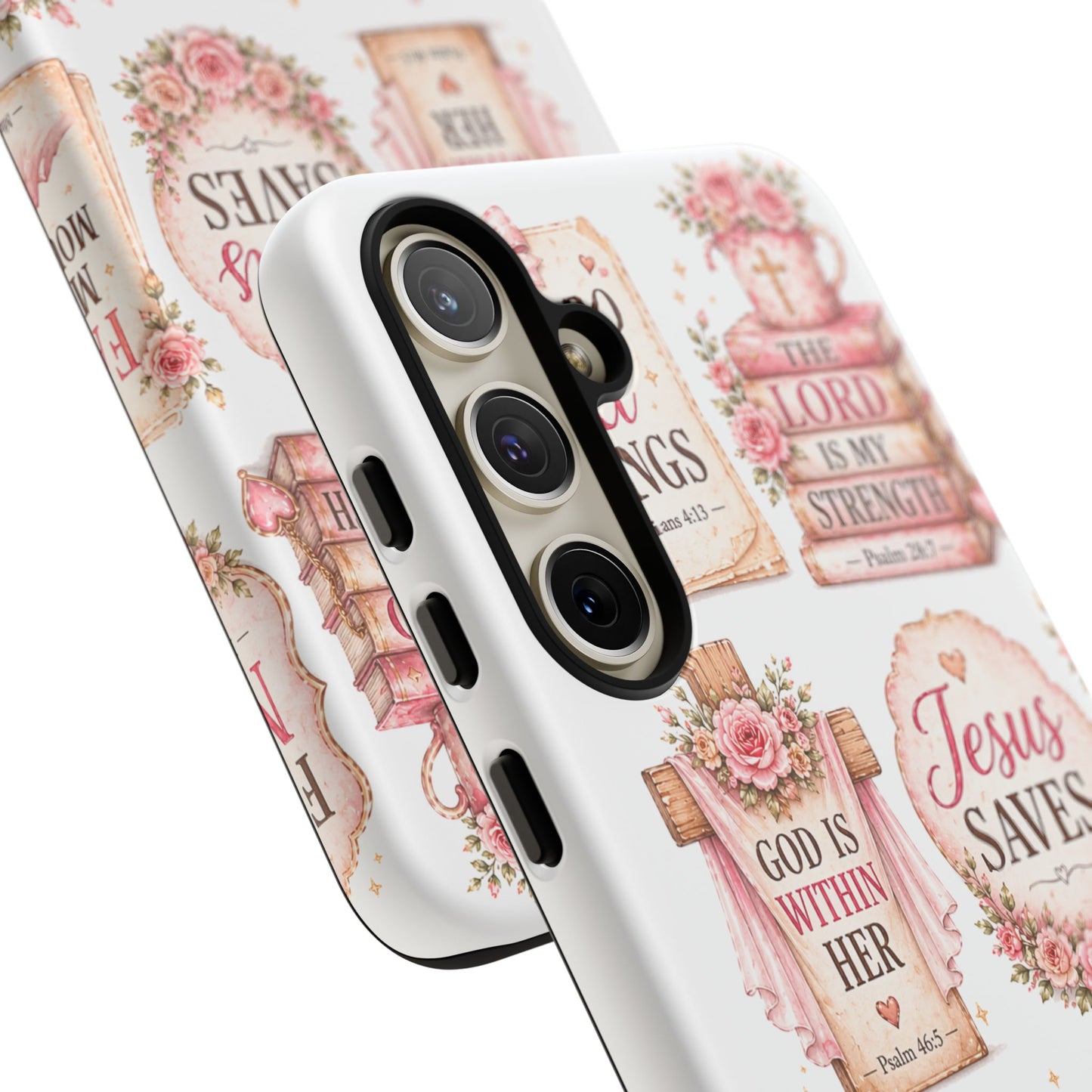 Christian Phone Case — Jesus Saves Floral Tough Case with 'God Is Within Her' & 'Trust God' Design
