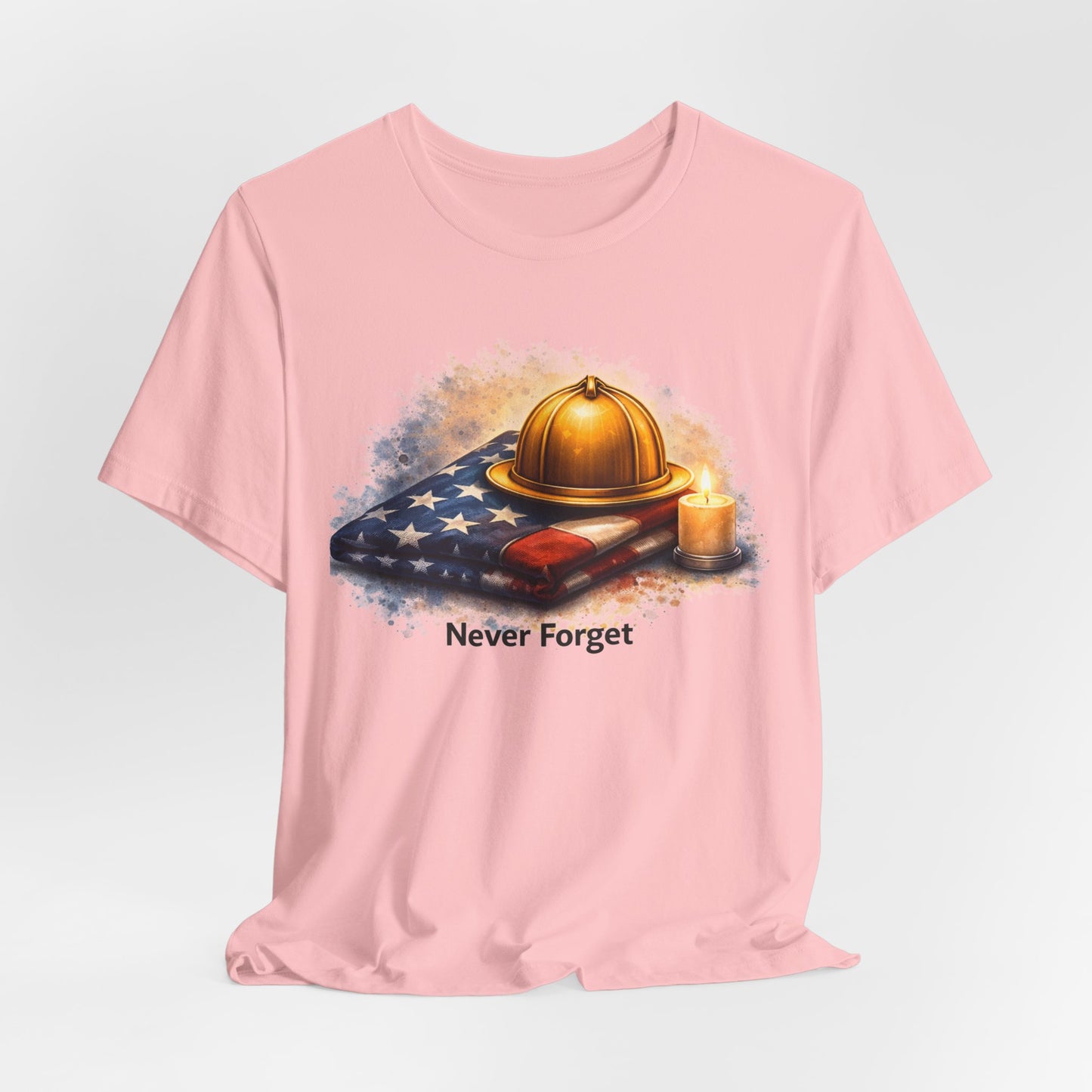 Never Forget Memorial T‑Shirt — Firefighter Helmet & Flag Tribute