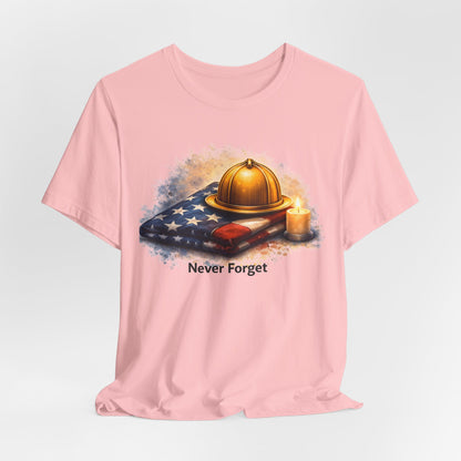 Never Forget Memorial T‑Shirt — Firefighter Helmet & Flag Tribute