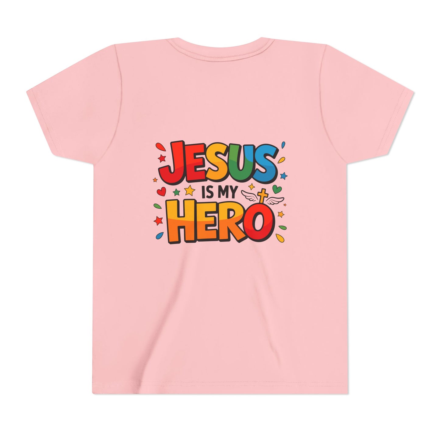 Youth Tee — "Jesus Is My Hero" Colorful Kids Christian T-Shirt