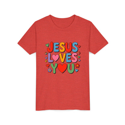 Youth Tee - "Jesus Loves You" Colorful Heart & Flower Christian Shirt