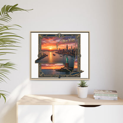 Framed Matte Canvas Wall Art — New York City Sunset Skyline with Statue of Liberty