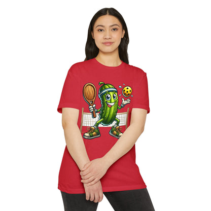 Pickleball Pickle T-Shirt — Cute Cartoon Pickle Playing Pickleball Tee