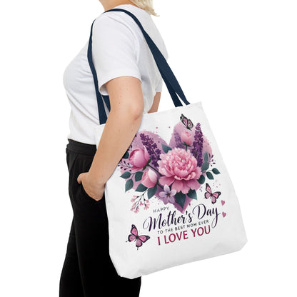 Mother's Day Floral Tote Bag - "Happy Mother's Day I Love You" Heart Bouquet