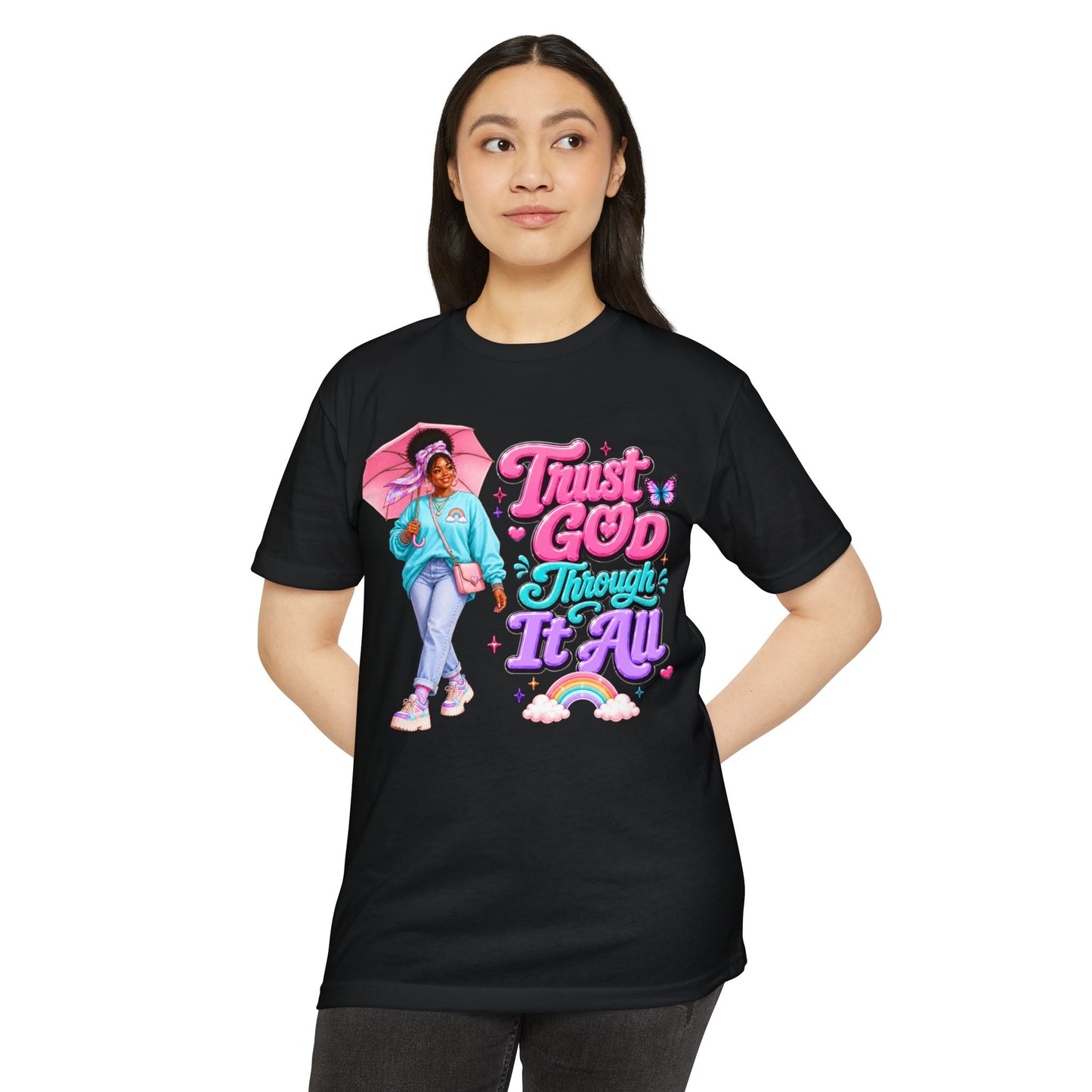 Trust God Through It All T-Shirt — Inspirational Faith Tee with Colorful Girl Illustration