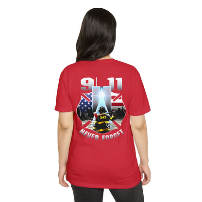 9/11 Never Forget T-Shirt — Firefighter Tribute Tee with Twin Towers & American Flag