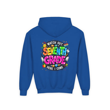 Seventh Grade Hoodie – "Watch Out Seventh Grade Here I Come" Colorful Back-to-School Youth Sweatshirt