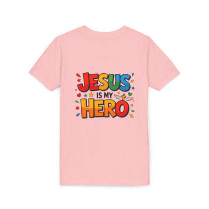 Youth Tee — "Jesus Is My Hero" Colorful Kids Christian T-Shirt