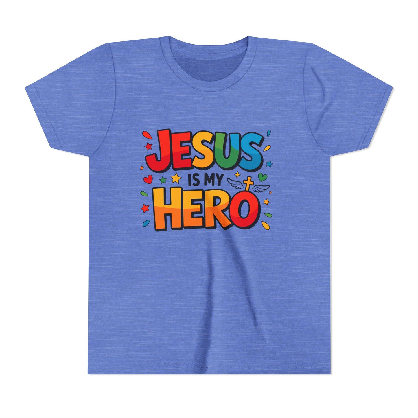 Youth Tee — "Jesus Is My Hero" Colorful Kids Christian T-Shirt