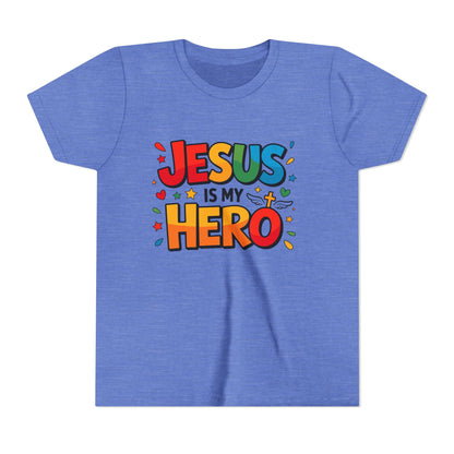 Youth Tee — "Jesus Is My Hero" Colorful Kids Christian T-Shirt