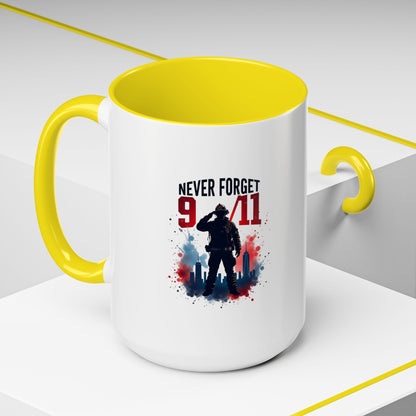 Never Forget 9/11 Accent Coffee Mug — Patriotic Memorial Tribute (11oz, 15oz)