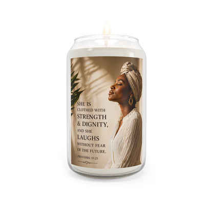Inspirational Soy Candle 13.75oz — "She is clothed with strength & dignity" Scented Jar