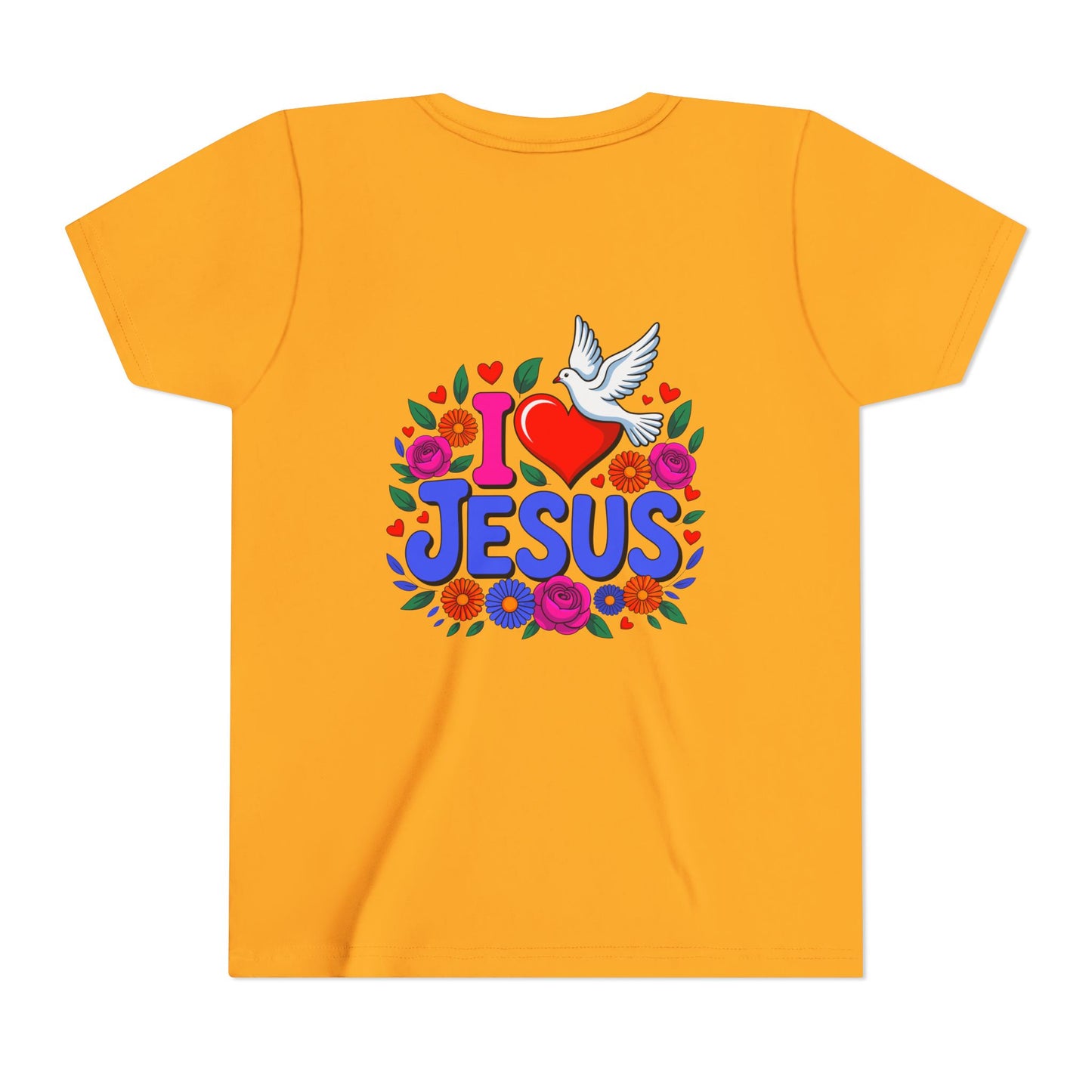 Youth Tee — "I  Jesus" Colorful Dove & Floral Christian Shirt