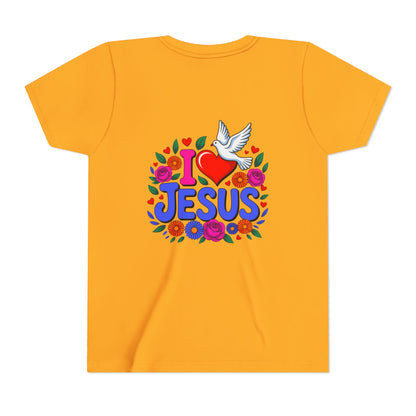 Youth Tee — "I  Jesus" Colorful Dove & Floral Christian Shirt