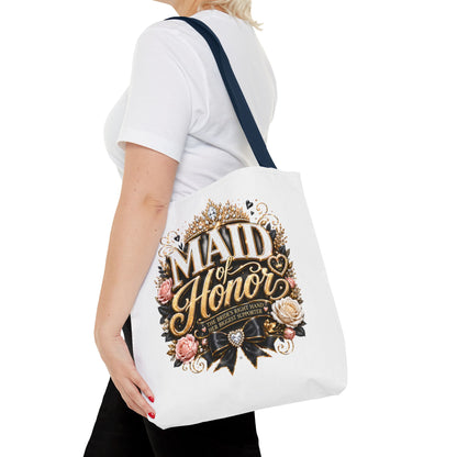 Maid of Honor Tote Bag — Elegant Bridal Party Gift with Gold Crown Floral Design