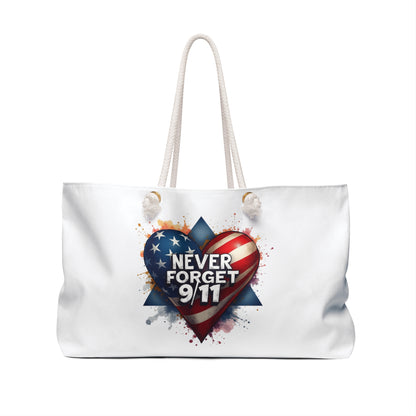 Never Forget 9/11 Weekender Bag — American Flag Heart Memorial Travel Tote