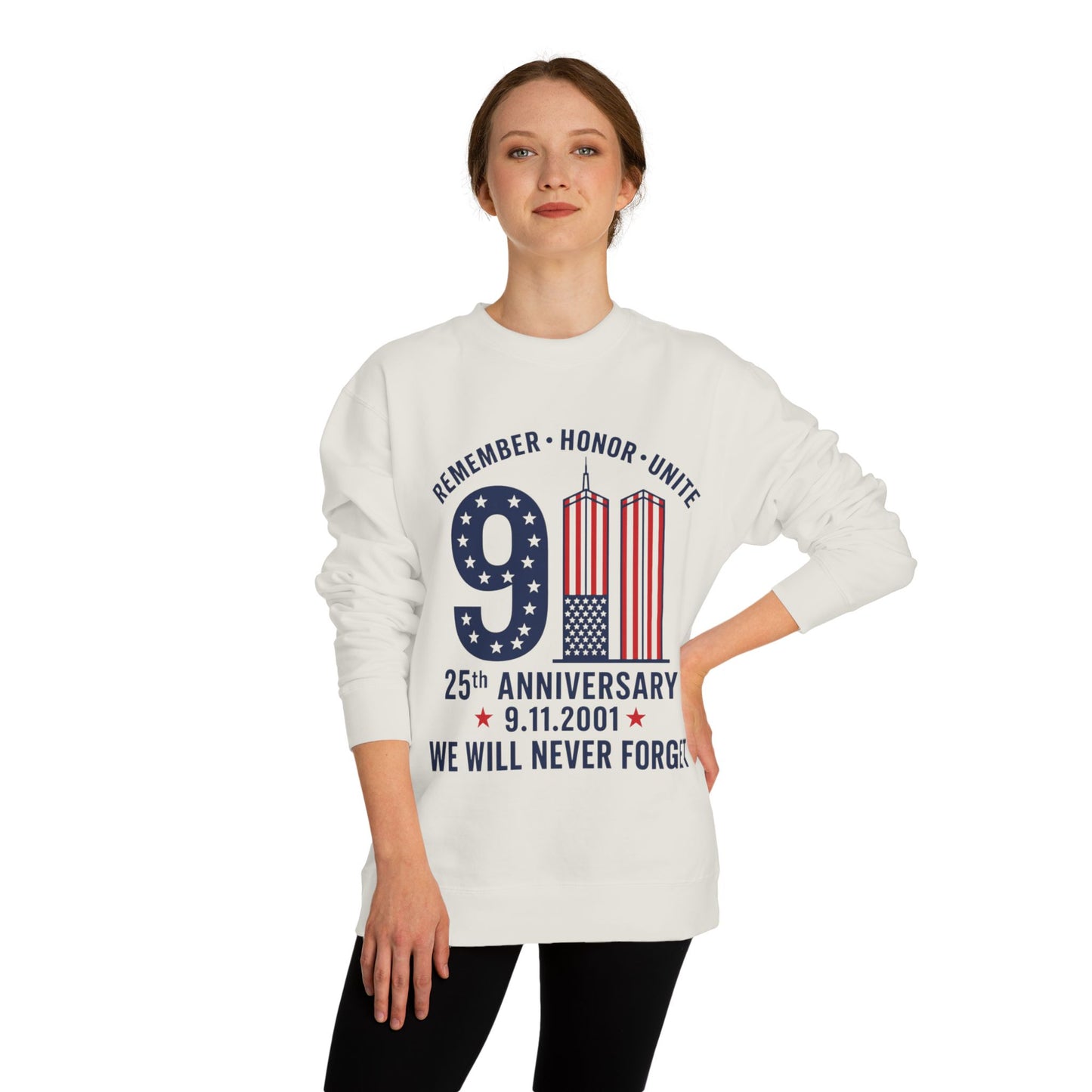 9/11 Remembrance Crewneck Sweatshirt — 25th Anniversary "We Will Never Forget"