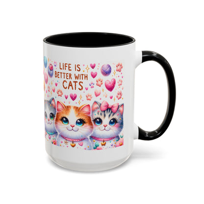 Cat Lover Accent Coffee Mug — "Life Is Better With Cats" Cute Kittens Design (11/15oz)